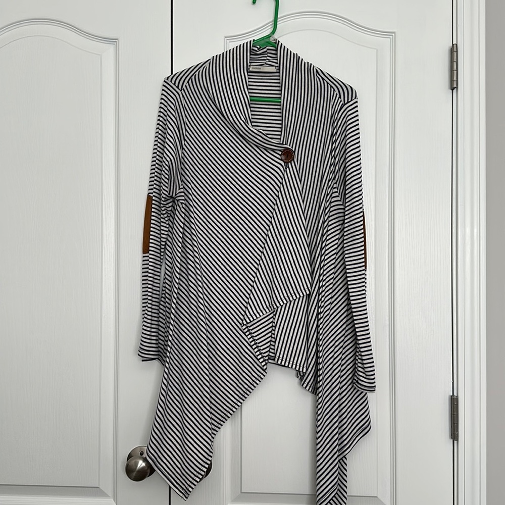 Large Navy and White Striped Cherish Cardigan with Suede Elbow Detail